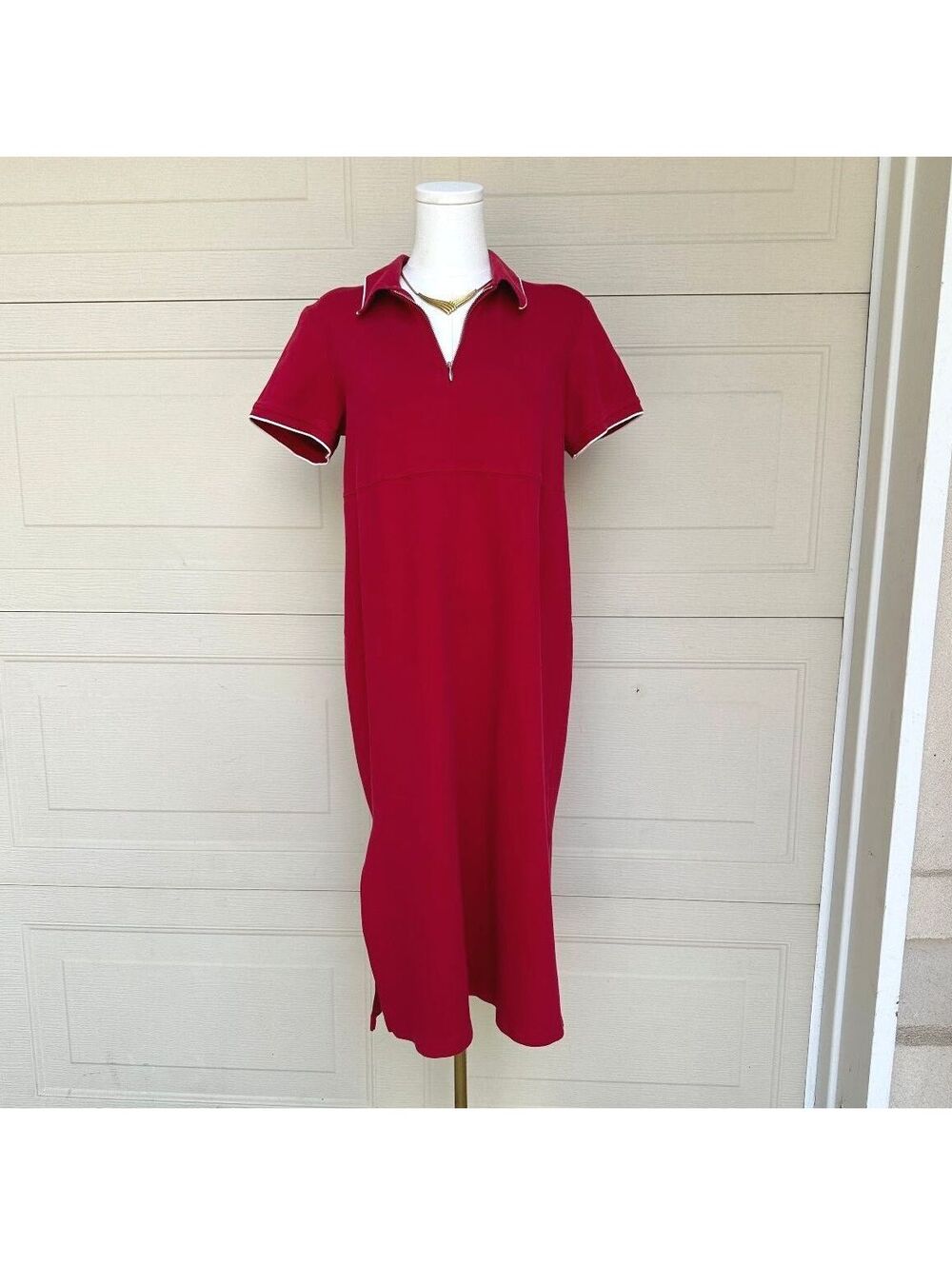 Vintage Talbots Petites Red Polo Dress Zip Front 90s Midi Cotton Size M